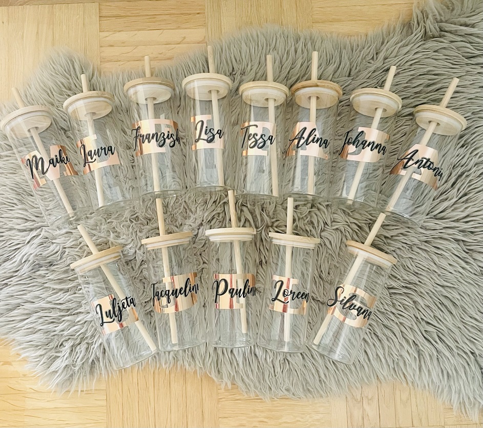 Kleinserie - zweifarbig bedruckte (Spiegelfolie) Glas-Trinkbecher, nicht spülmaschinenfest